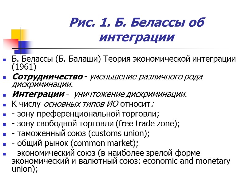 Рис. 1. Б. Белассы об интеграции Б. Белассы (Б. Балаши) Теория экономической интеграции (1961)